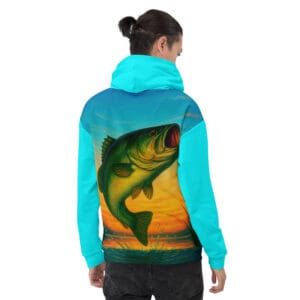 Turquoise largemouth bass hoodie with jumping fish design and recycled performance fabric