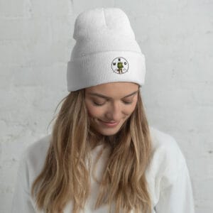 White Cuffed Beanie with WRO Company Logo Front and Center