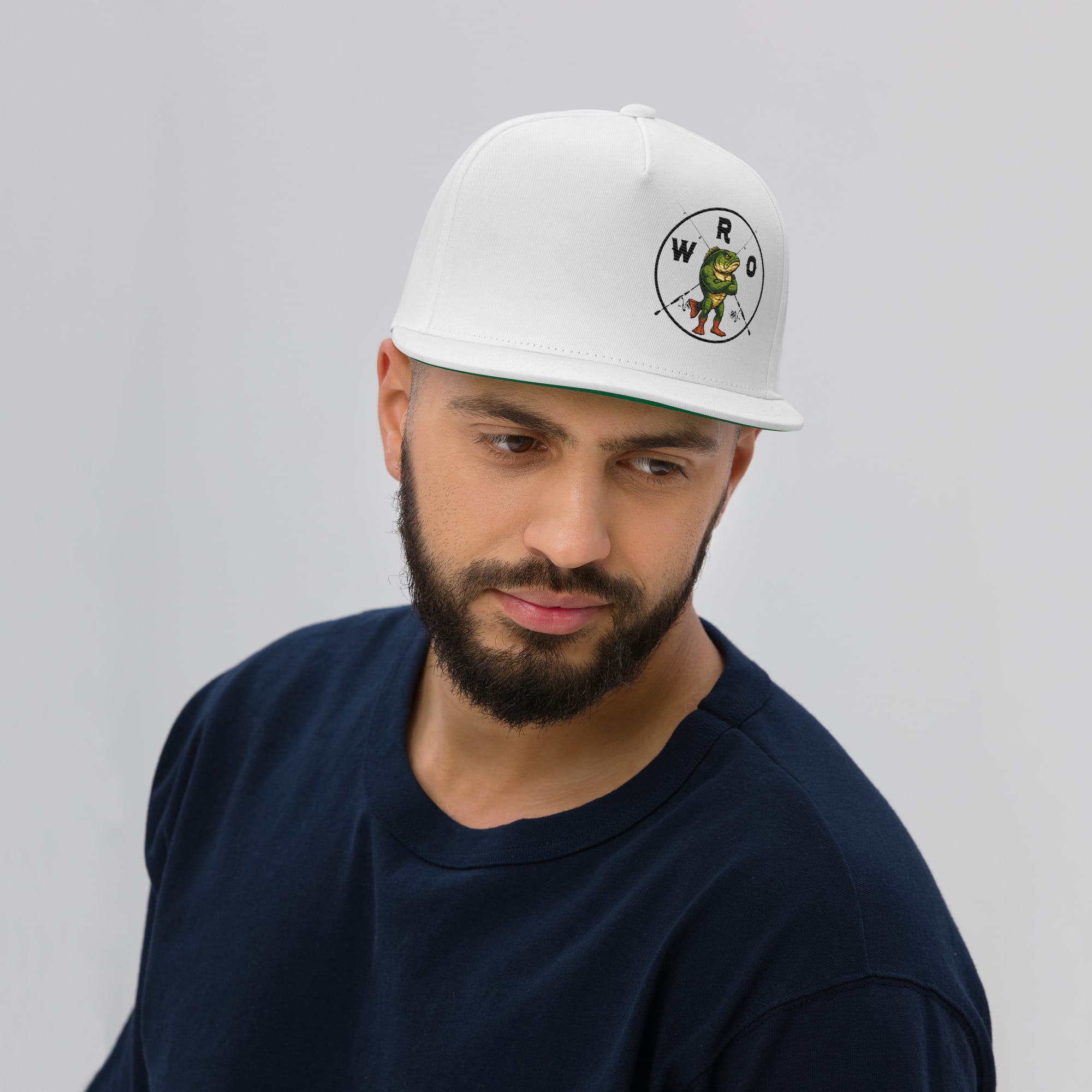 White 100% Cotton Twill Flat Bill Cap with WRO Logo Offset to One Side