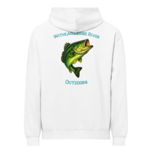 Men's Box Hoodie featuring a jumping largemouth bass on back and WRO logo on left chest.