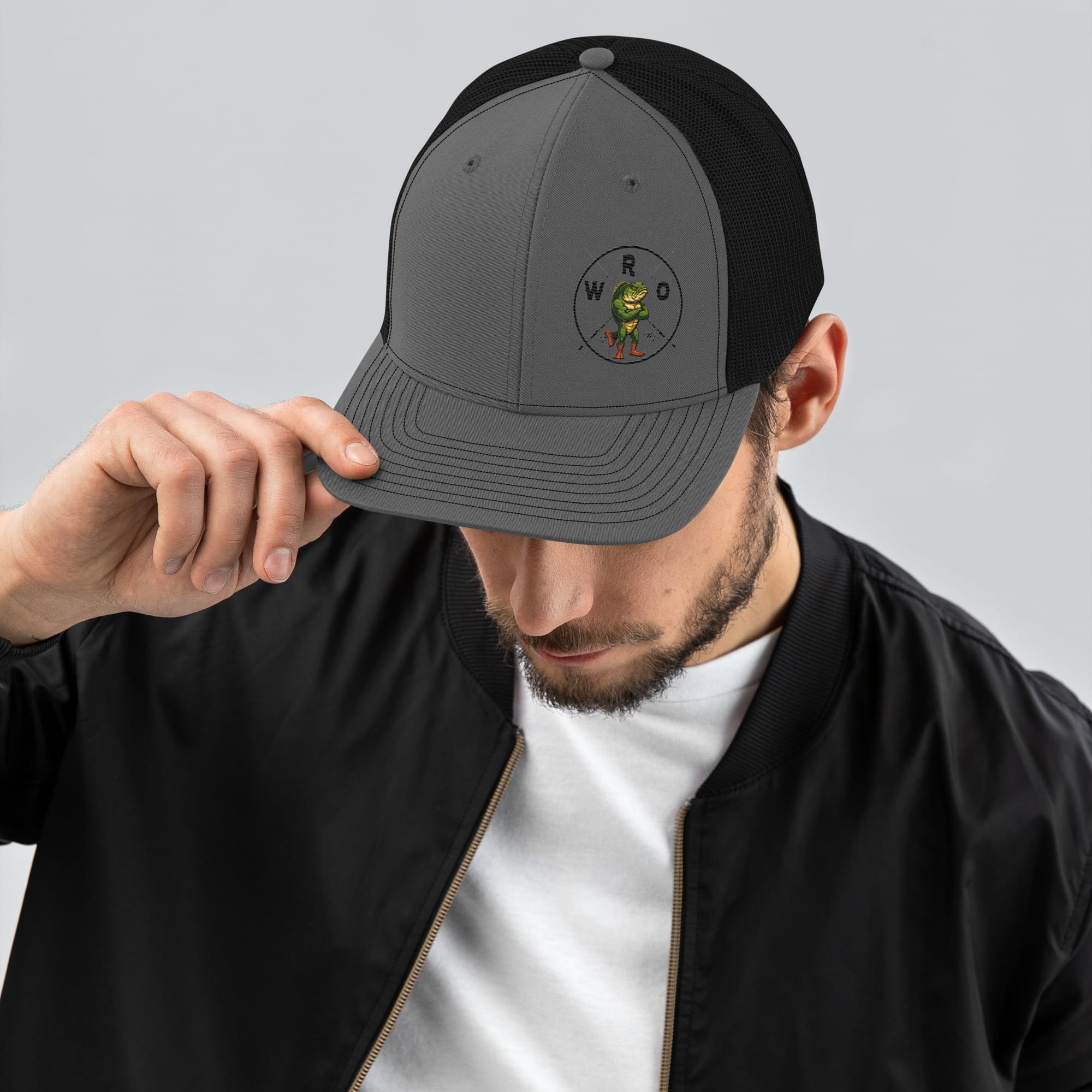 Grey and Black Trucker Cap with WRO Logo Offset on the Front Panel