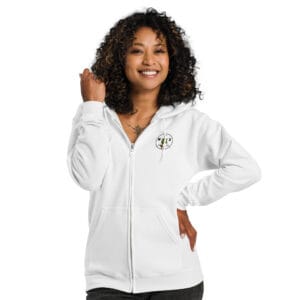 White largemouth bass zip-up hoodie with metal zipper and jumping bass design on the back