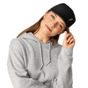 Offset Spirit Feather design with leather and beads on a structured 5 panel cap.