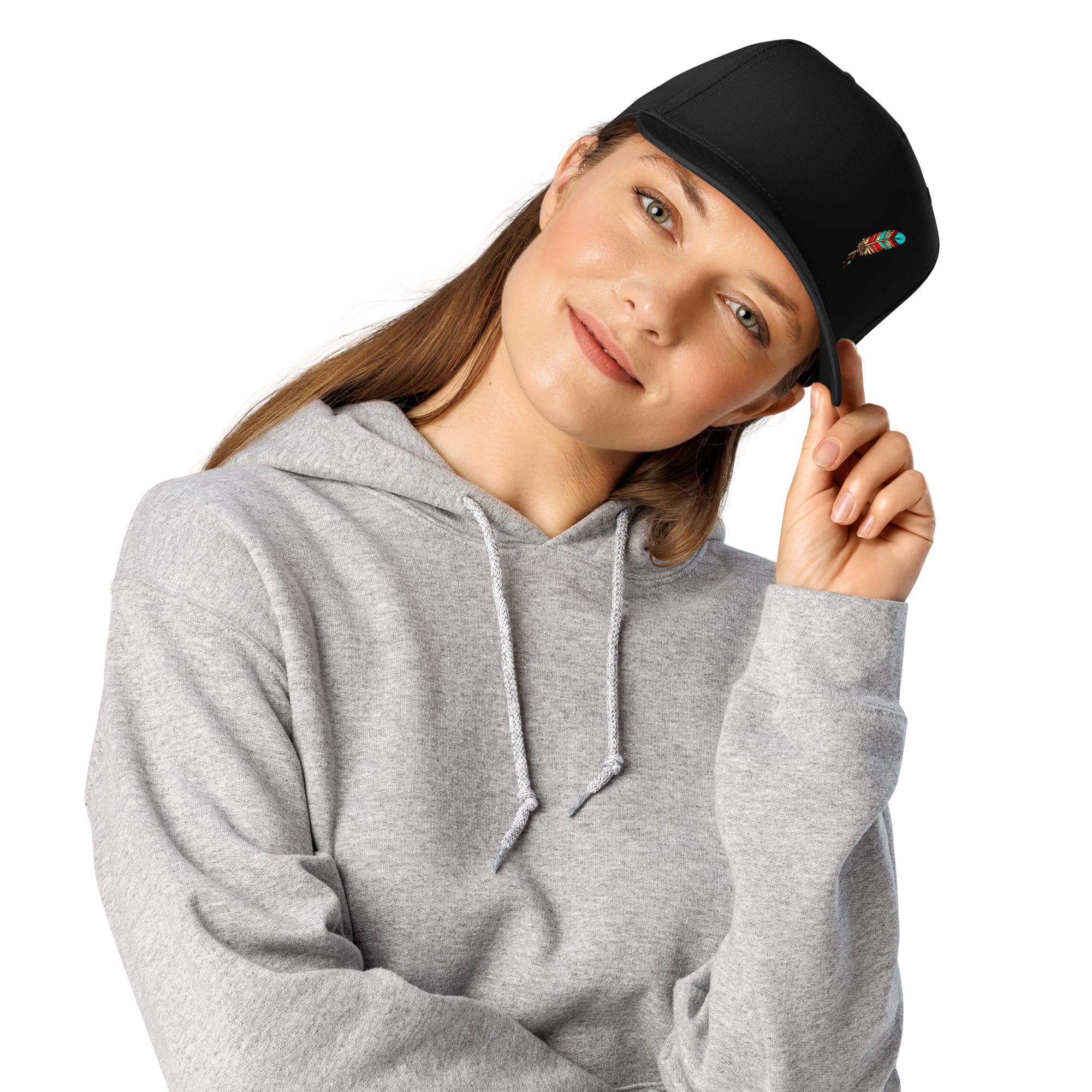 Offset Spirit Feather design with leather and beads on a structured 5 panel cap.