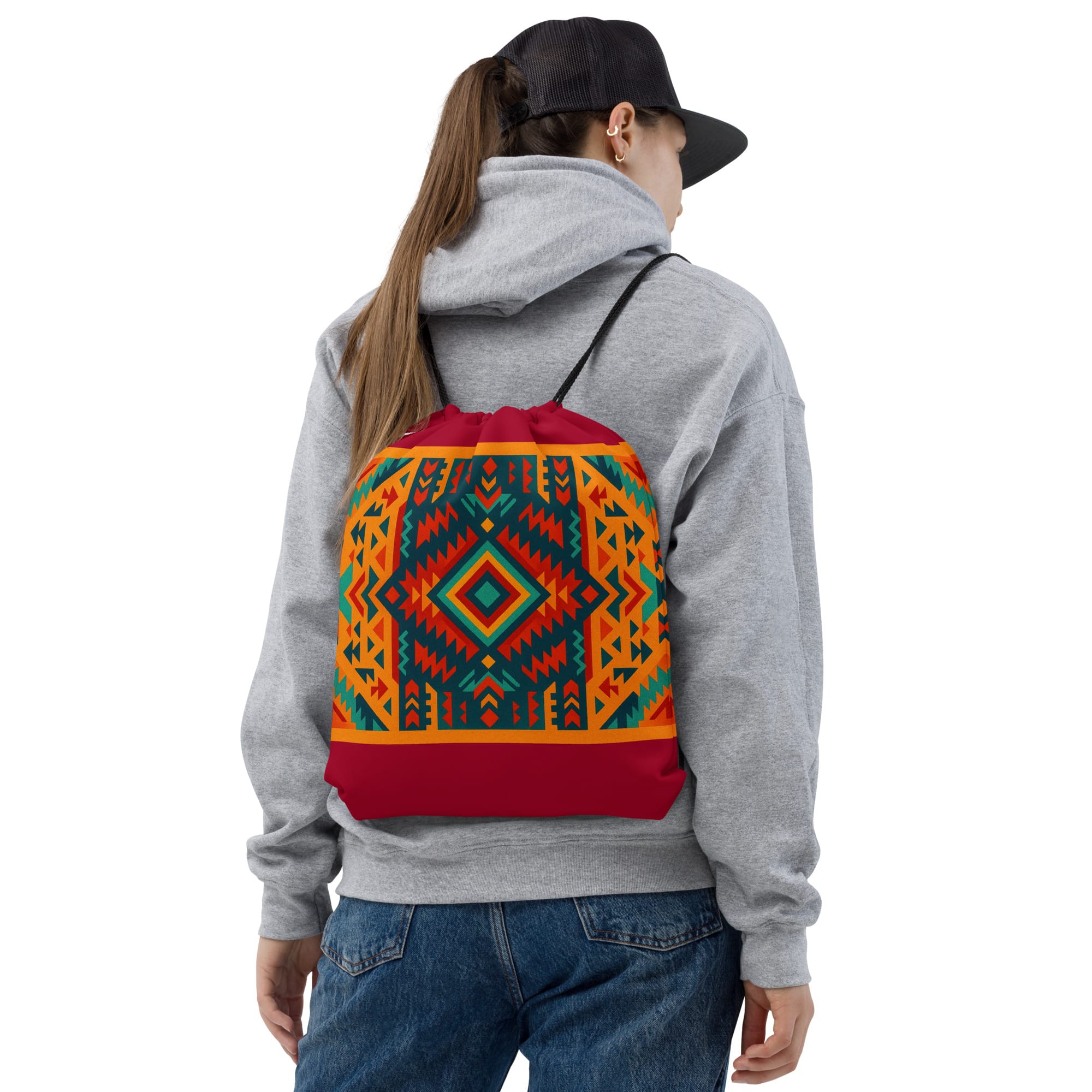 Southwestern Tribal Drawstring Bag with Geometric Pattern and Desert Colors