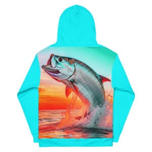 Turquoise Tarpon fishing hoodie with jumping fish sunset design on premium cotton