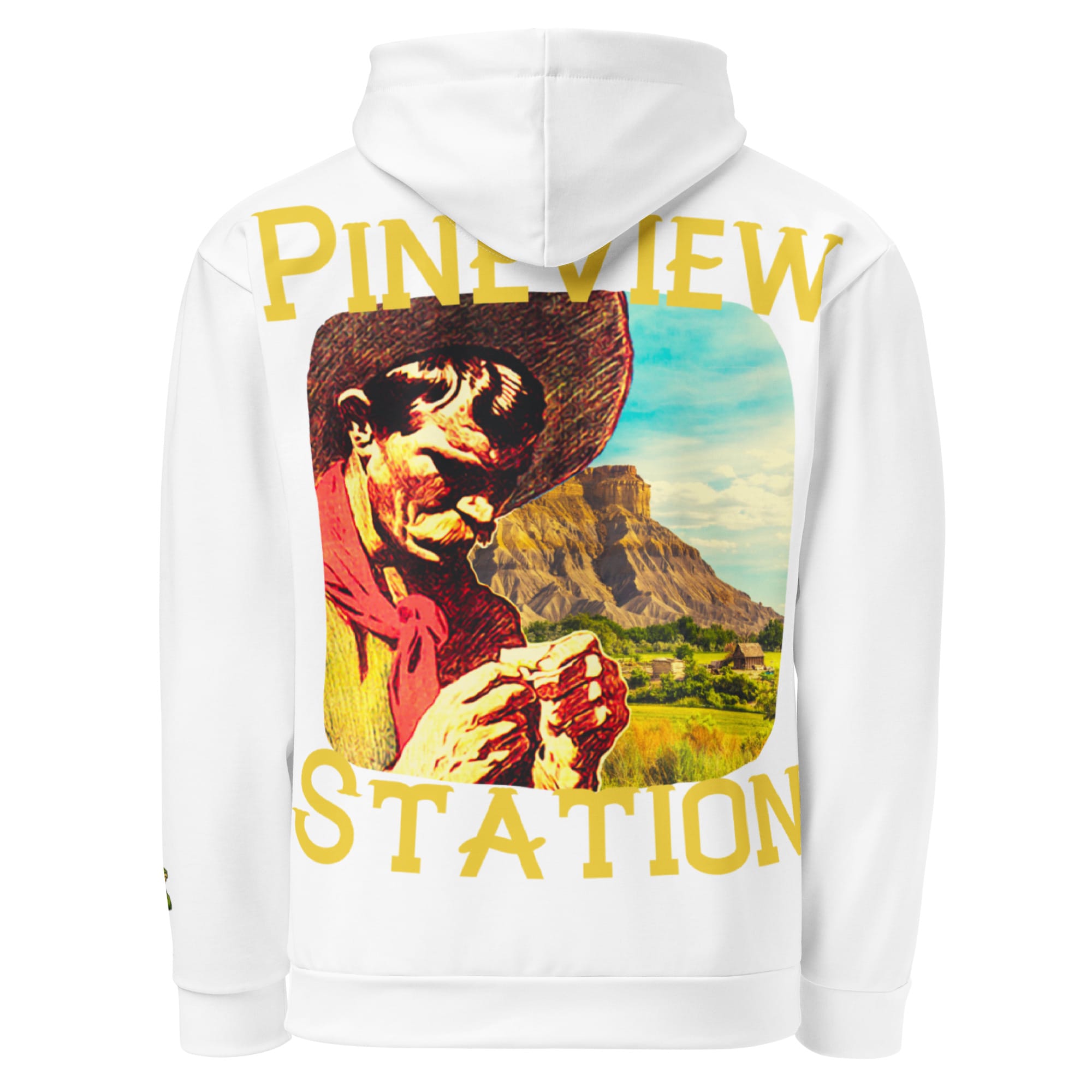 Vintage cowboy western hoodie featuring a cowboy rolling a cigarette in front of a mesa