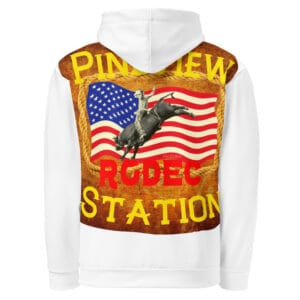 Pineview Station Rodeo hoodie with bull rider and American flag design on premium cotton