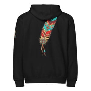 Black full zip hoodie with Southwestern feather back print and mare sleeve design