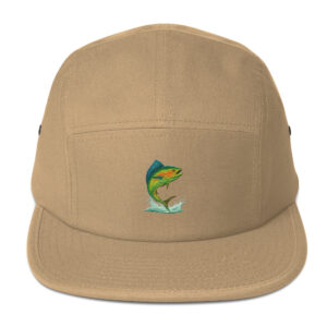 Structured five panel cap with a jumping mahi mahi fish design embroidered front and center.