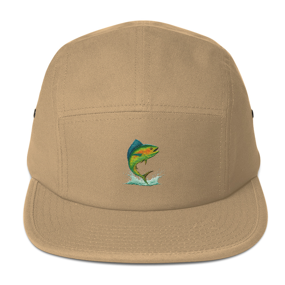 Structured five panel cap with a jumping mahi mahi fish design embroidered front and center.