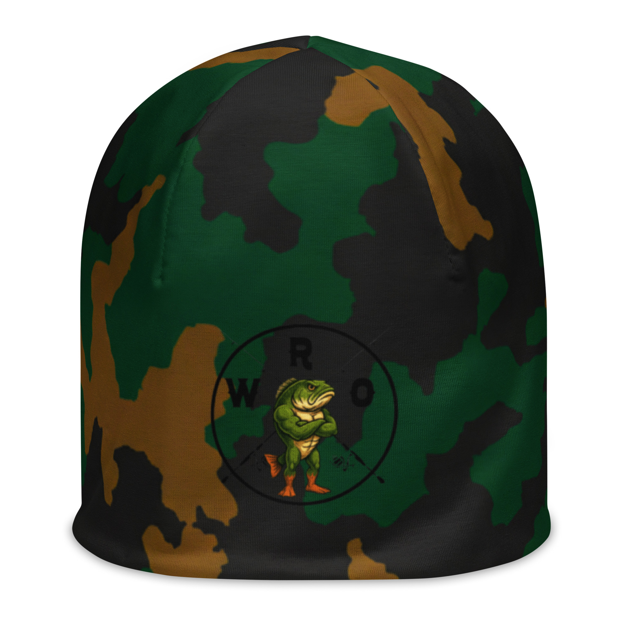All-over-print camo beanie featuring the WRO company logo front and center.