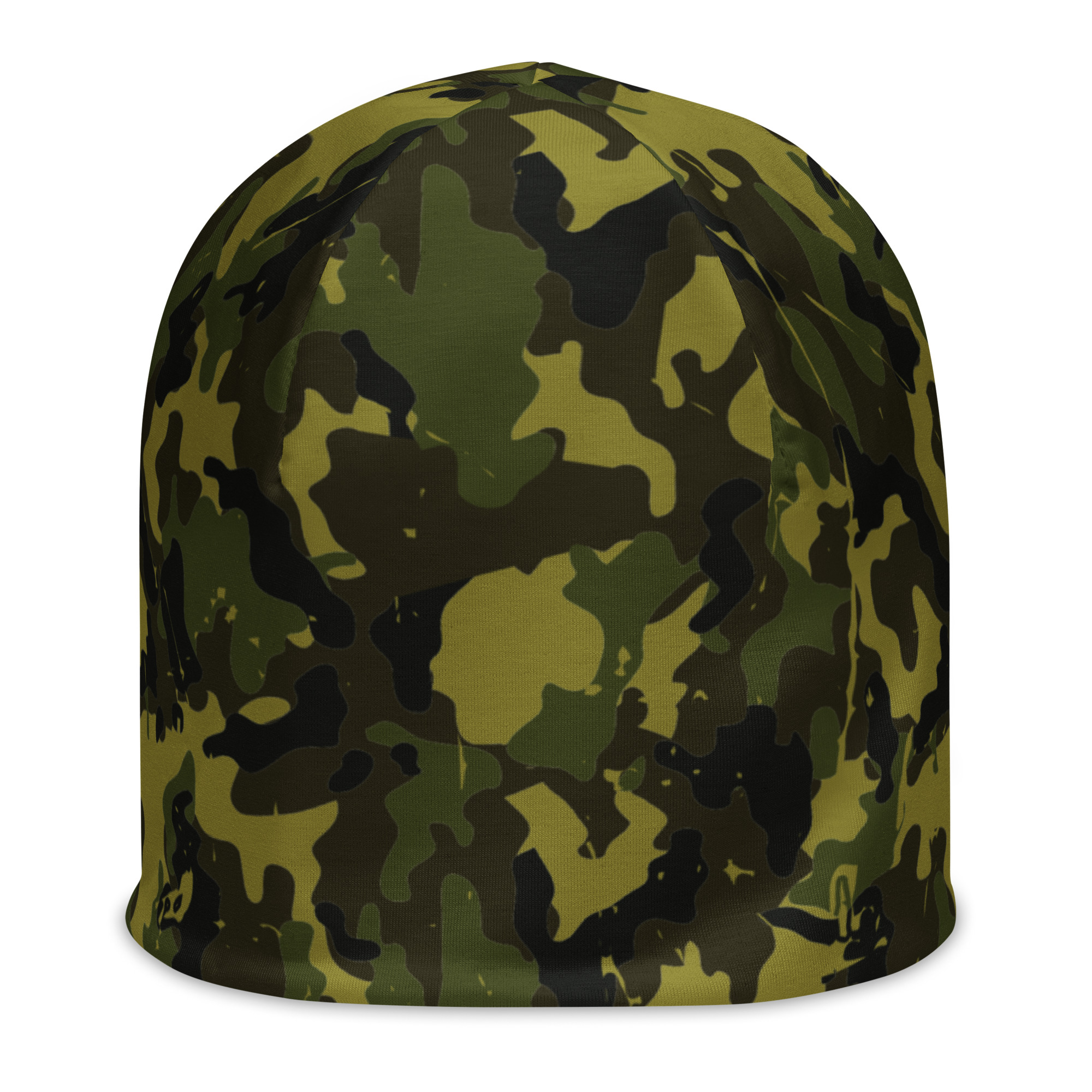 All-over-print camo beanie with a seamless camouflage pattern.