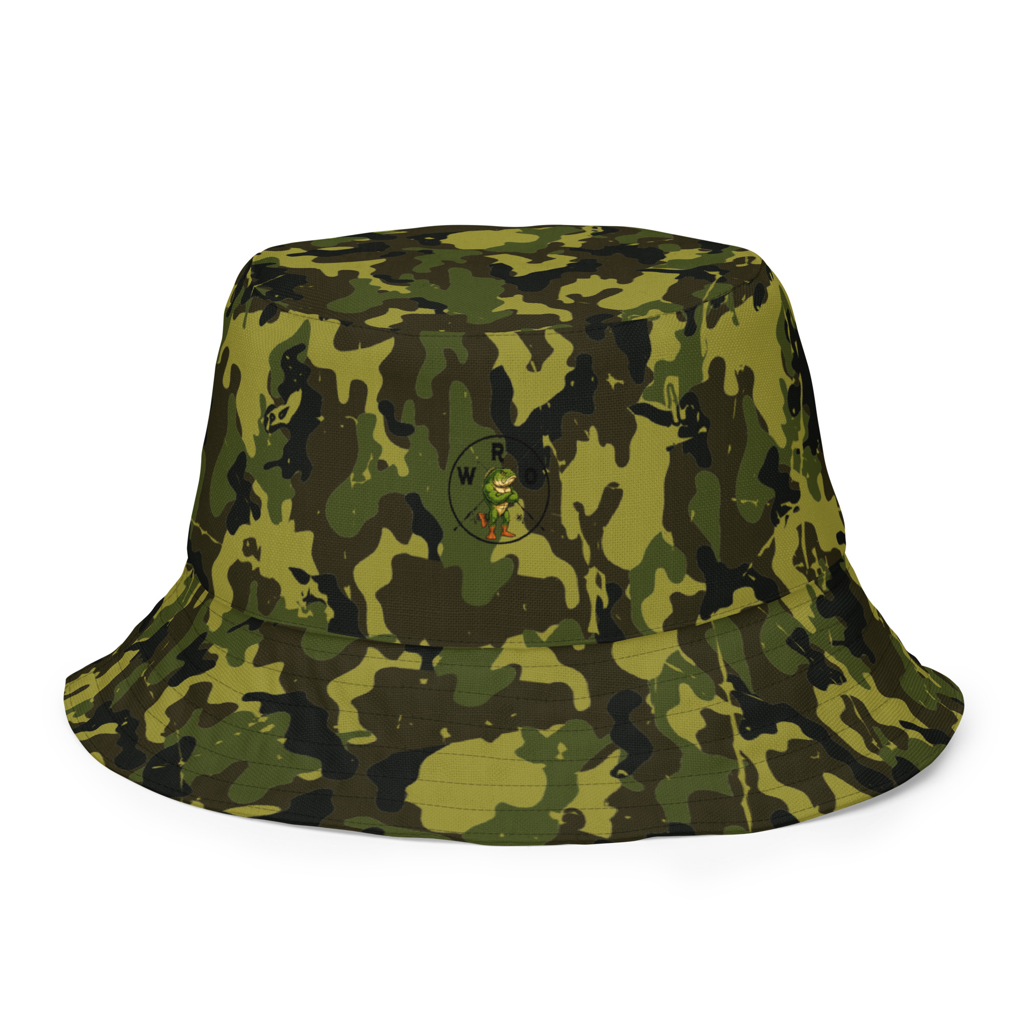 Reversible bucket hat shown with two different camouflage patterns on either side.