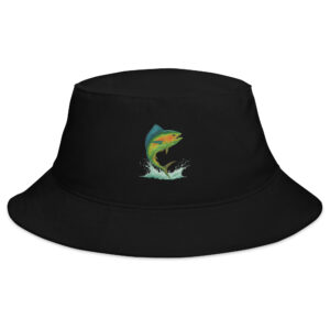 Jumping Mahi Mahi fish design centered on a solid black or white outdoor bucket hat.