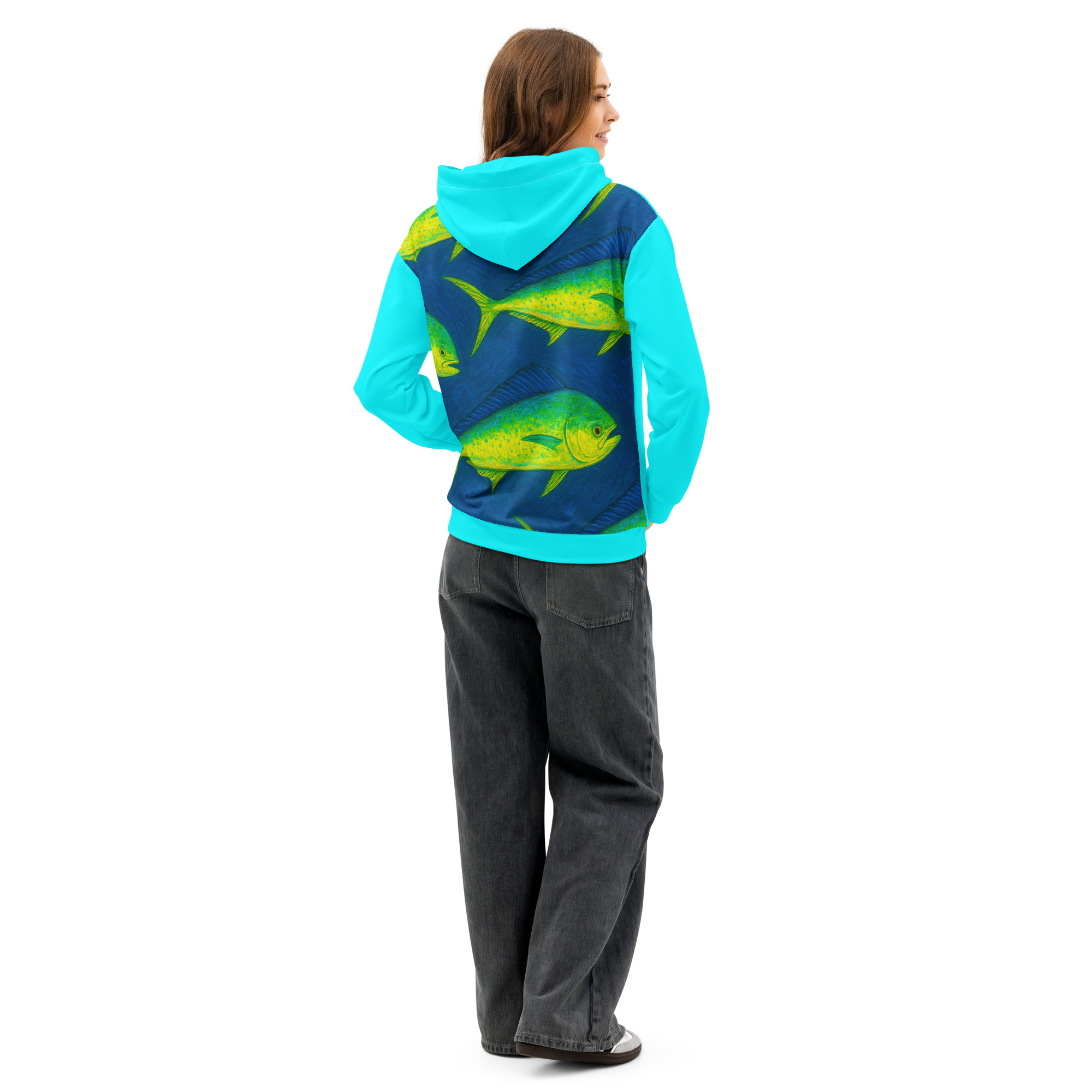 Custom mahi mahi hoodie with school of fish art from Saltwater Collection