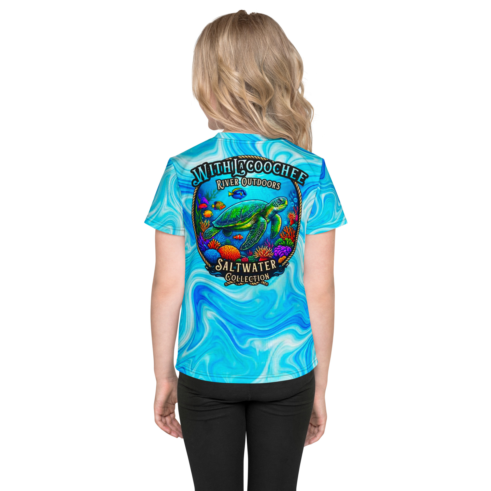 Young girl wearing a Kids Sea Turtle T-shirt from the Saltwater Collection.