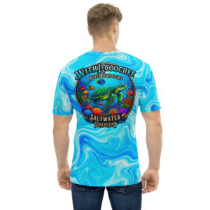 Sea turtle graphic tee aqua swirl men's t-shirt with Saltwater Collection back design and WRO chest logo