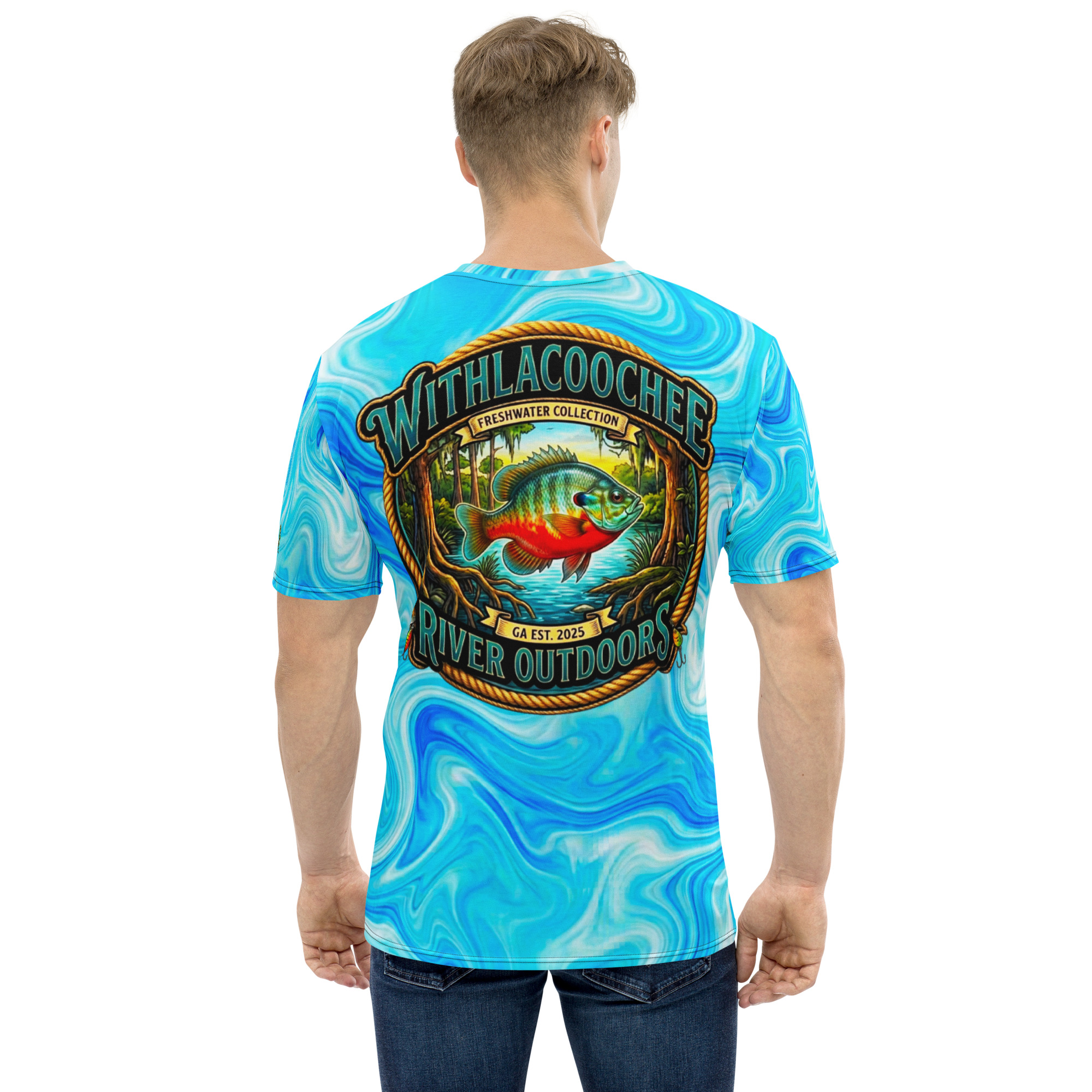 Redbreast sunfish graphic tee aqua swirl men's shirt with Withlacoochee Freshwater Collection badge back design and WRO chest logo