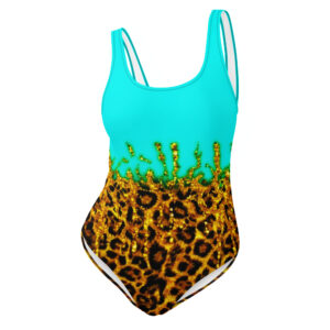 All-over print teal leopard print one-piece swimsuit by Withlacoochee River Outdoors