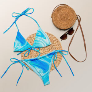 All-over print blue marble string bikini in swirl design by Witlacoochee River Outdoors