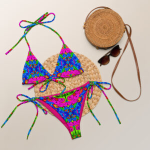 All-over print tropical print string bikini in bright multicolor design by Witlacoochee River Outdoors