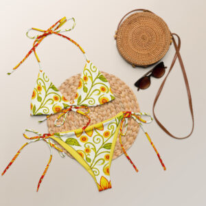 All-over print sunflower string bikini in white and yellow with red ties by Witlacoochee River Outdoors