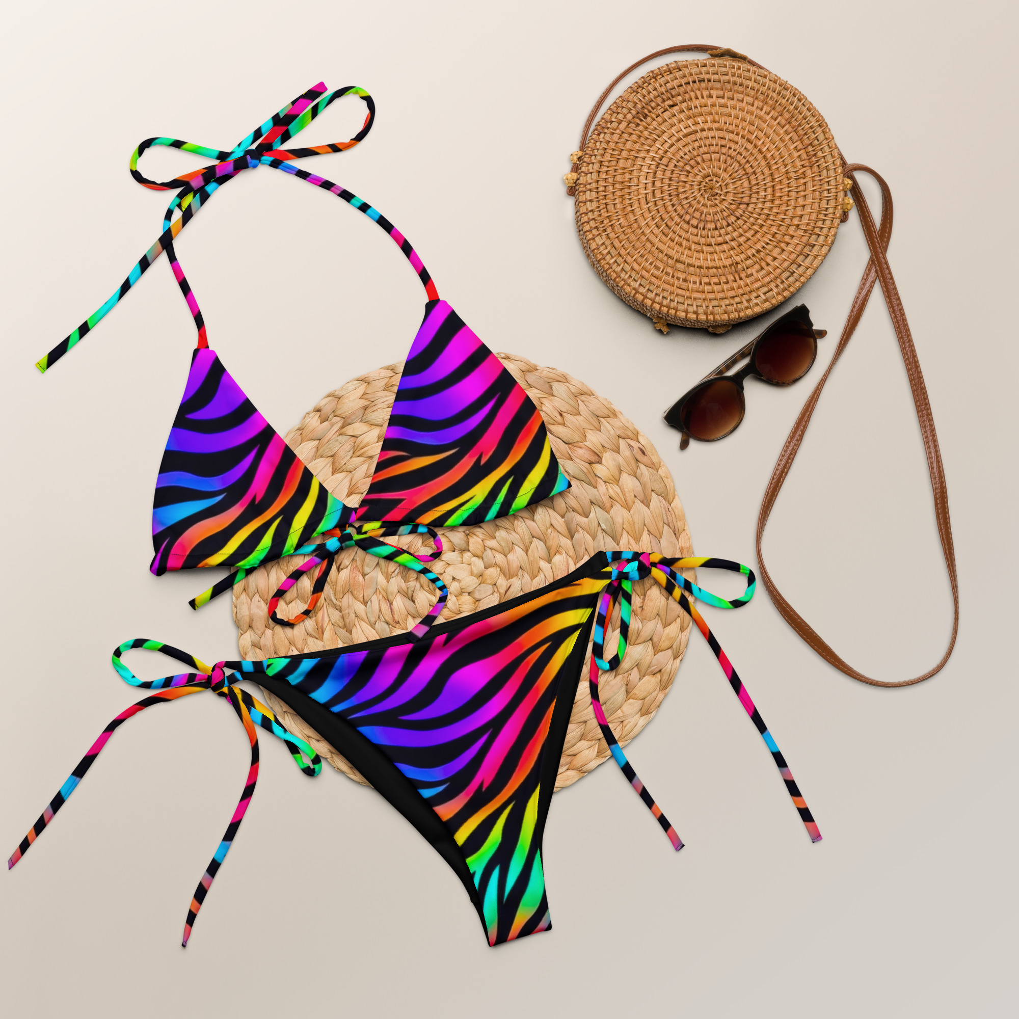 All-over print rainbow zebra string bikini by Withlacoochee River Outdoors