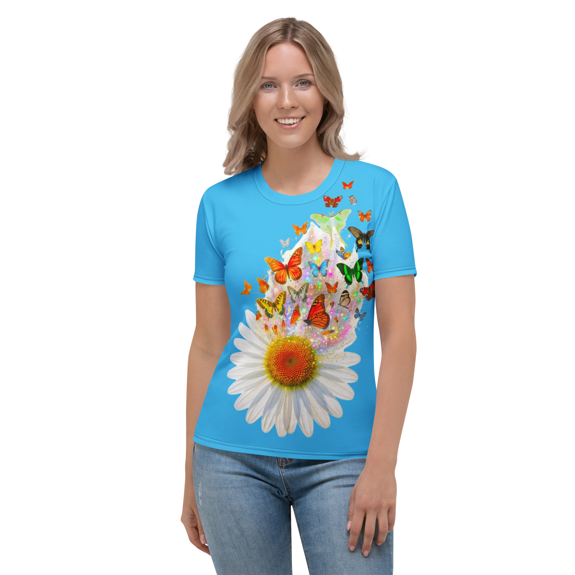 Blue butterfly daisy women's tee with large white daisy and colorful butterfly burst graphic on vibrant blue background
