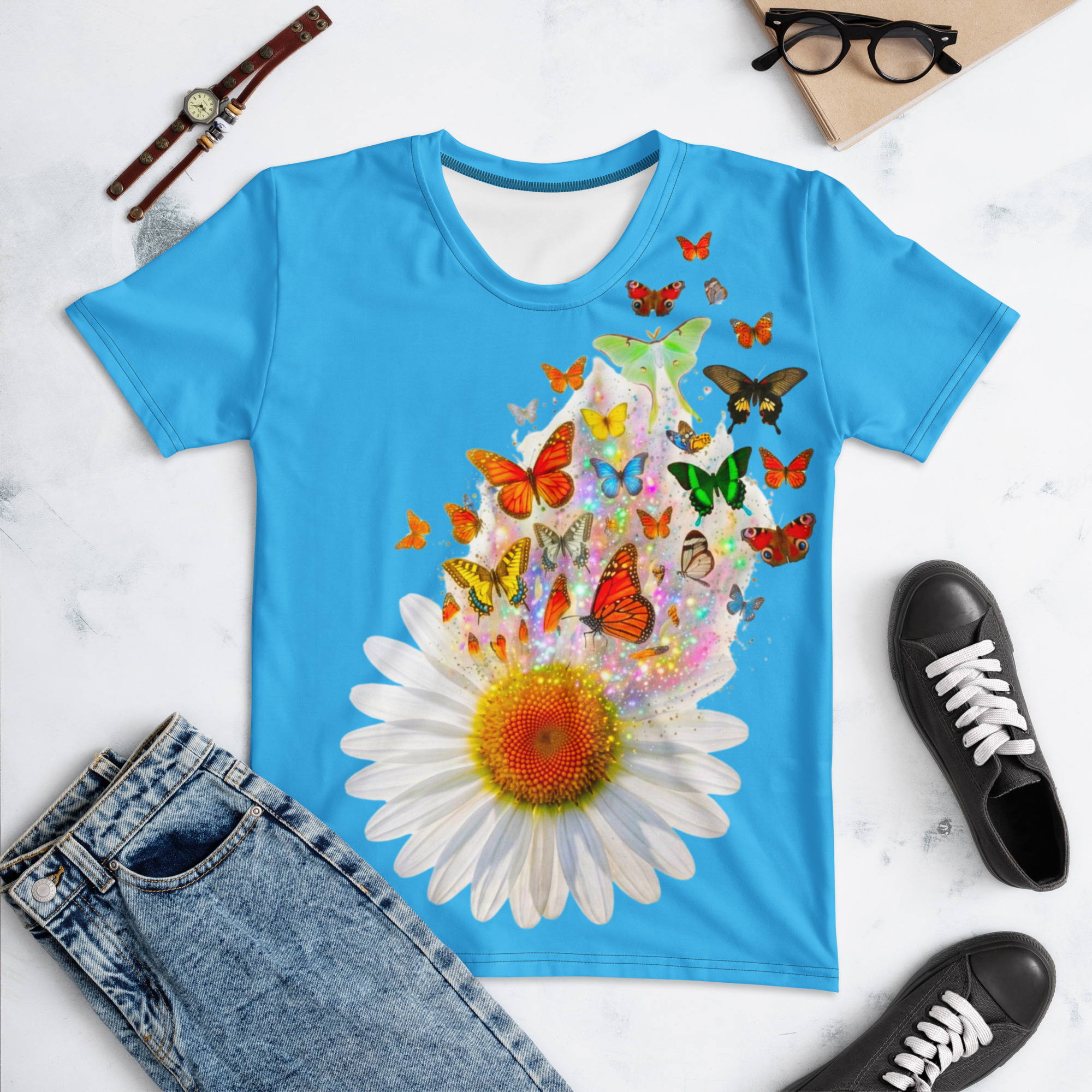 Blue Butterfly Daisy Women's Graphic T-Shirt Withlacoochee River Outdoors - Image 13