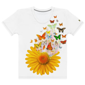 Butterfly daisy women's tee white shirt with large golden daisy and colorful butterfly burst graphic on front
