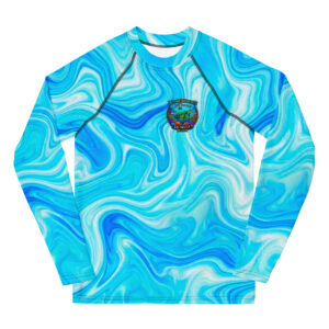 Sea turtle rash guard aqua swirl kids sun protection shirt with Saltwater Collection back graphic and WRO chest logo