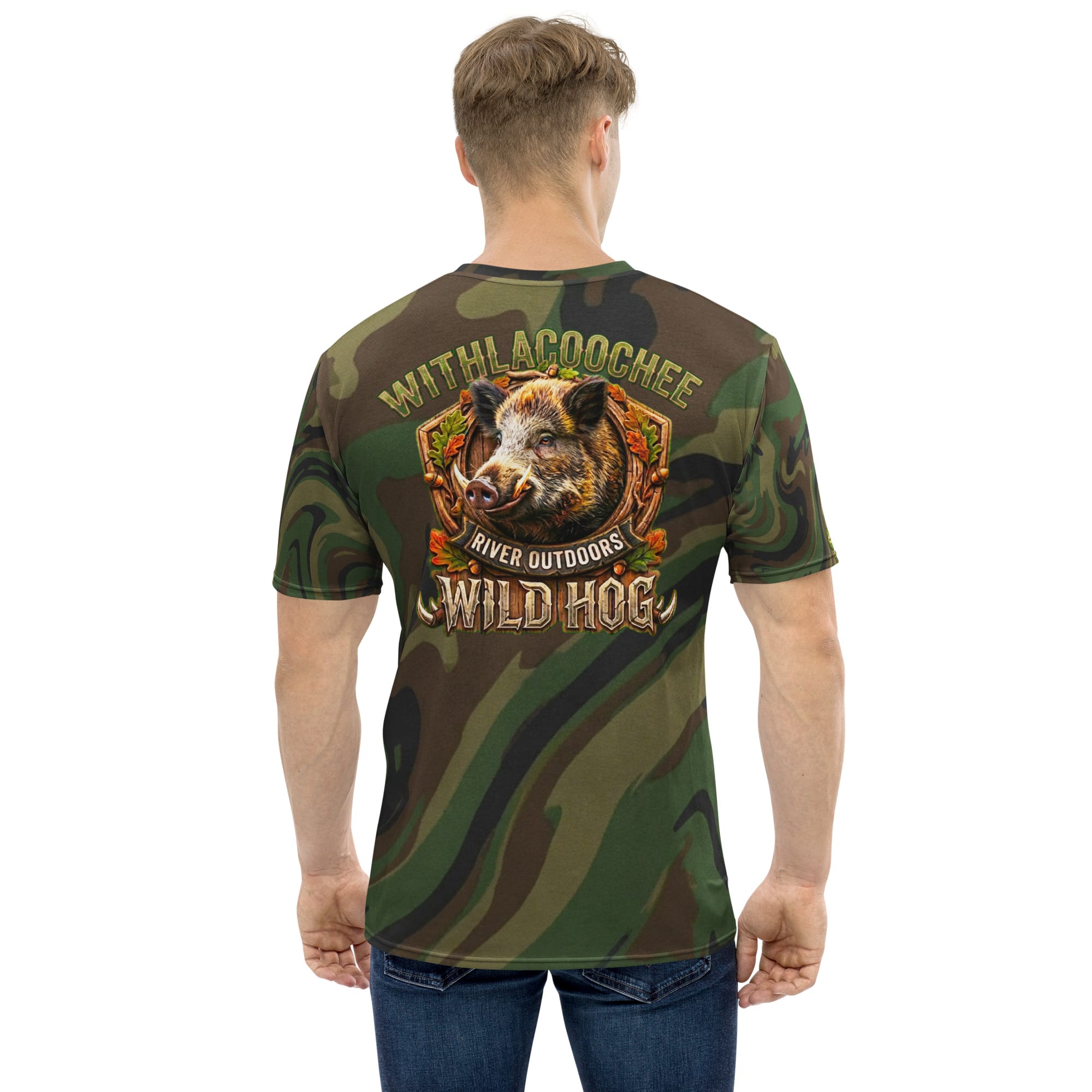 Wild hog hunting shirt in camo print, back view