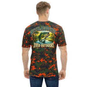 Trophy bass camo shirt, back view, blaze orange woodland camo with jumping bass and Withlacoochee River Outdoors text