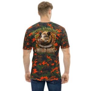 Wild hog camo shirt, back view, wild hog badge on blaze orange woodland camo