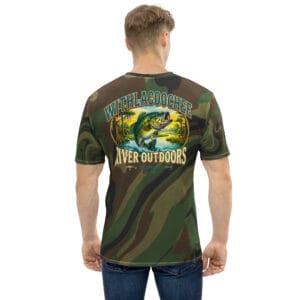 Largemouth bass camo shirt, back view, woodland camo with bass graphic and Withlacoochee River Outdoors text