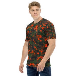 Blaze orange camo shirt, front view, orange and woodland camo pattern