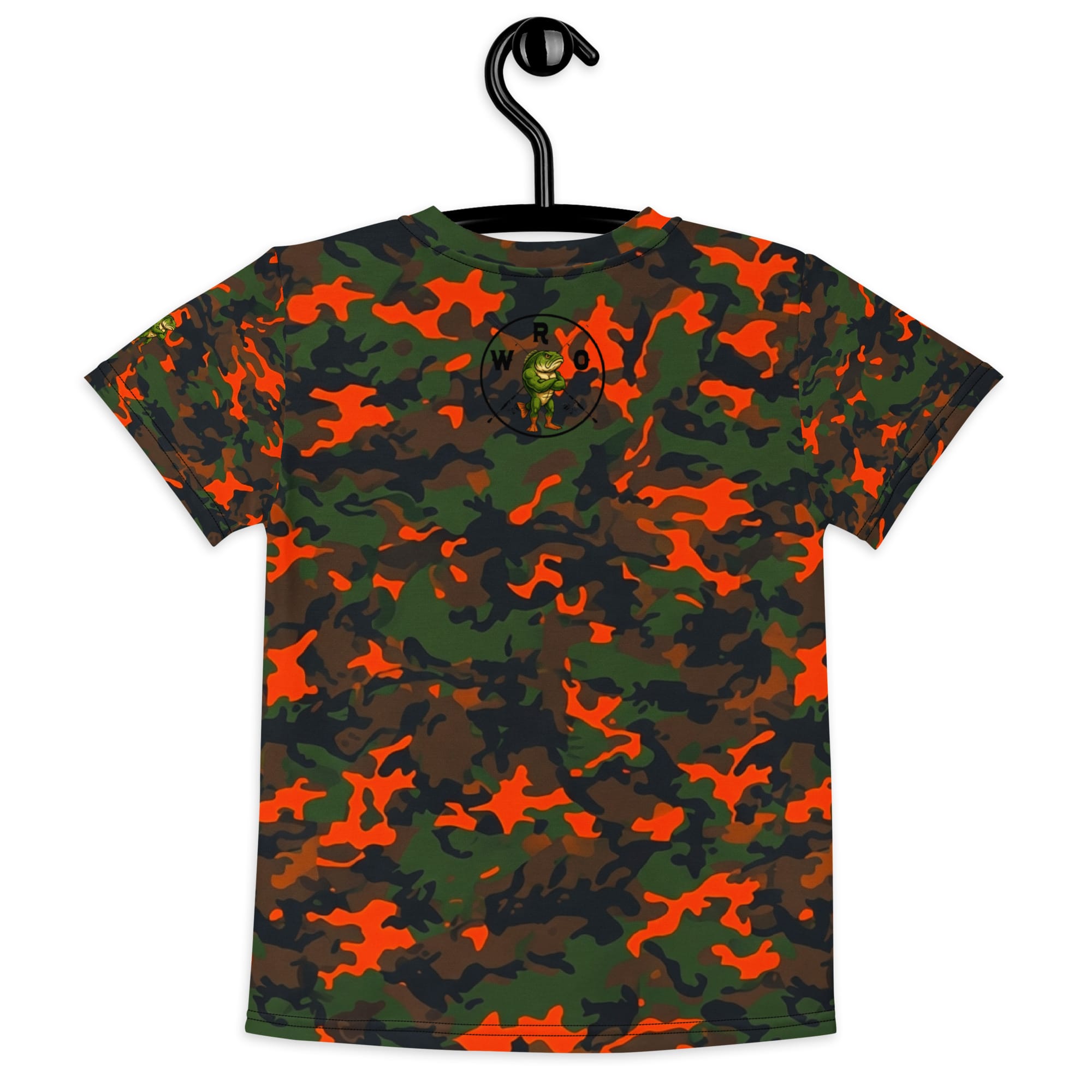 Front: Kids Blaze Camo Buck Shirt — whitetail buck on orange blaze camo, front view Back: Kids Blaze Camo Buck Shirt — solid orange blaze camo, back view