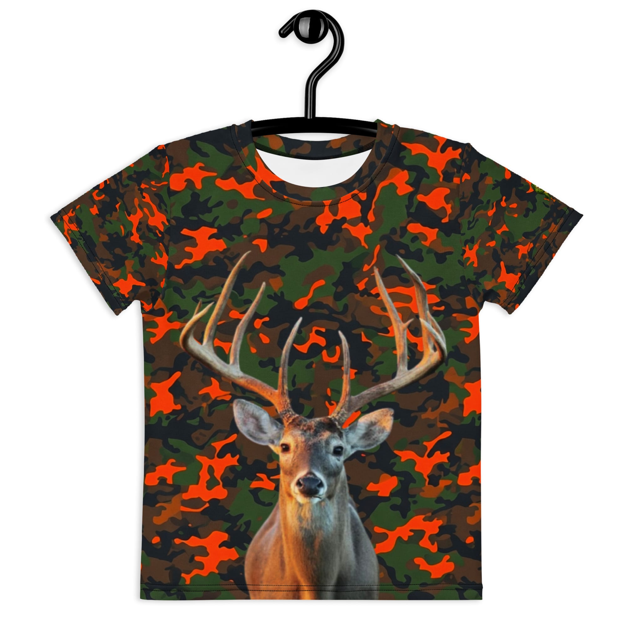 Front: Kids Blaze Camo Buck Shirt — whitetail buck on orange blaze camo, front view Back: Kids Blaze Camo Buck Shirt — solid orange blaze camo, back view
